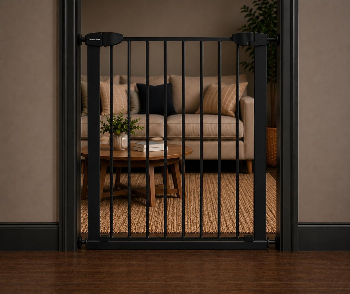 Black 36 inch pressure-mounted pet gate with walk-through door in a hallway – view 2