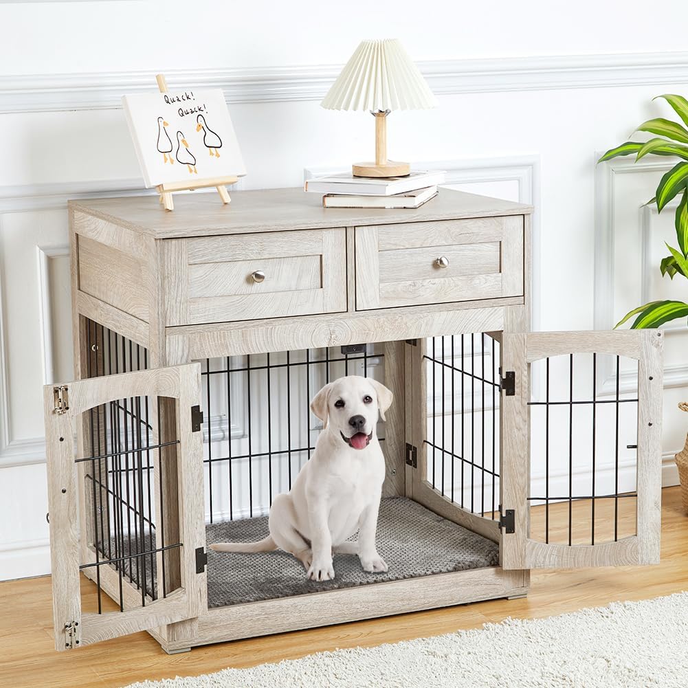 Wooden dog crate end table with storage drawers and lockable door