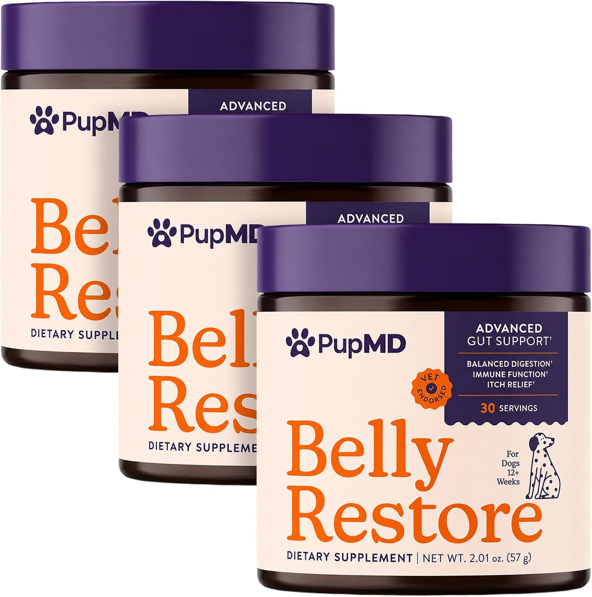 Three containers of dog probiotic powder food topper with a scoop