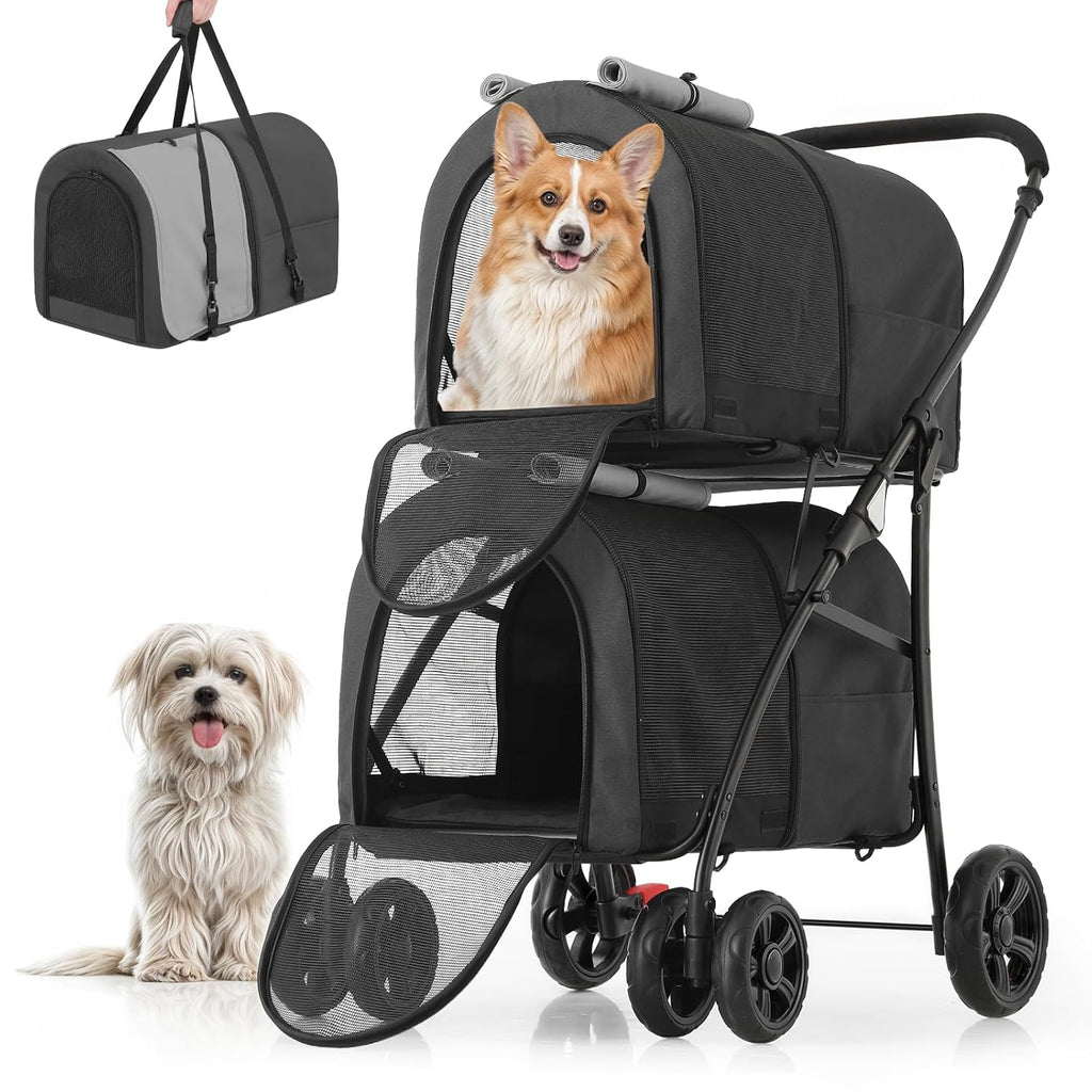 Black and gray foldable double dog stroller with two removable carrier bags