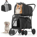 Black and gray foldable double dog stroller with two removable carrier bags