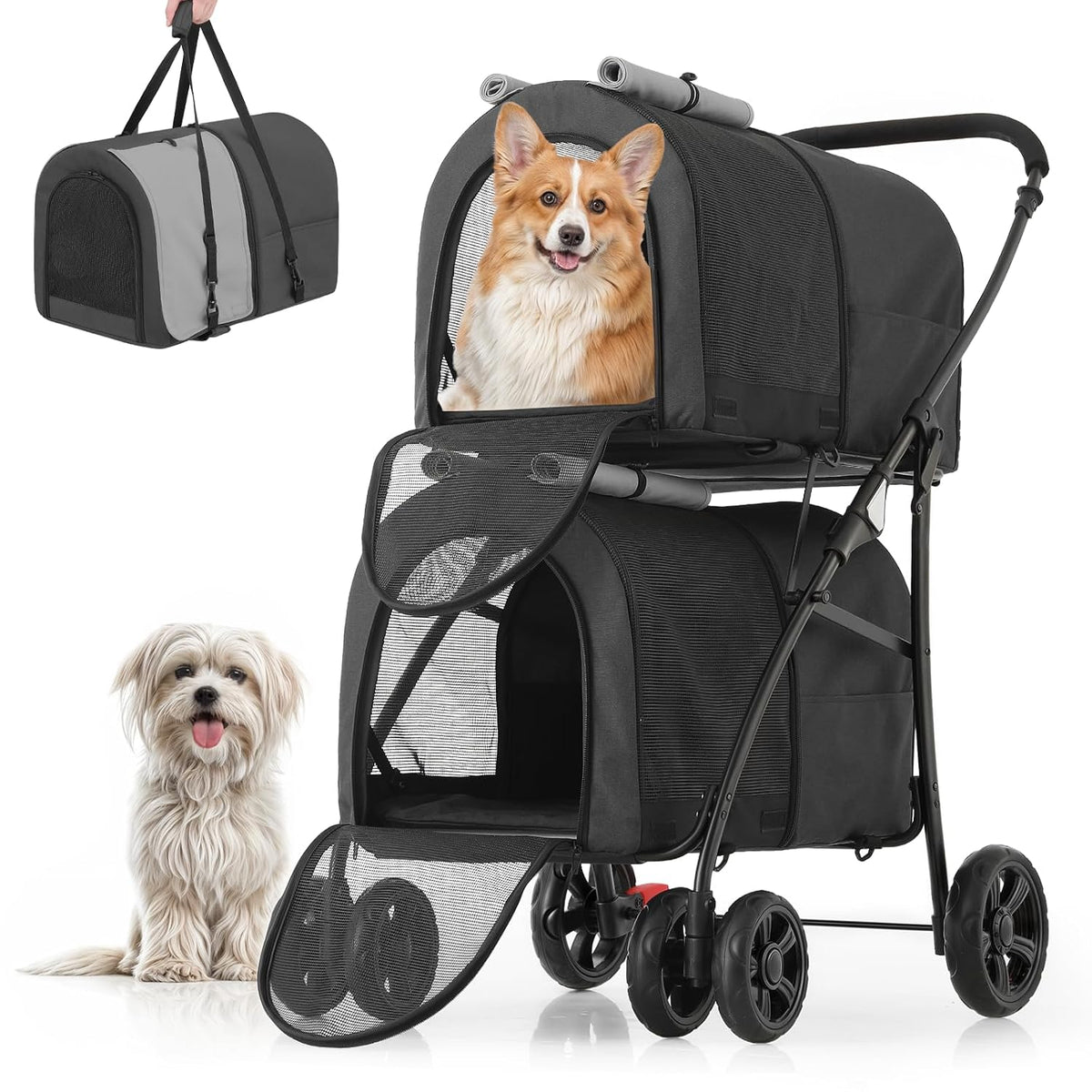 Black and gray foldable double dog stroller with two removable carrier bags