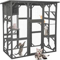 TITIMO Catio Outdoor Cat Enclosure, Large Wooden Window Cat House, Gray