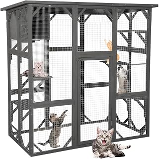 TITIMO Catio Outdoor Cat Enclosure, Large Wooden Window Cat House, Gray