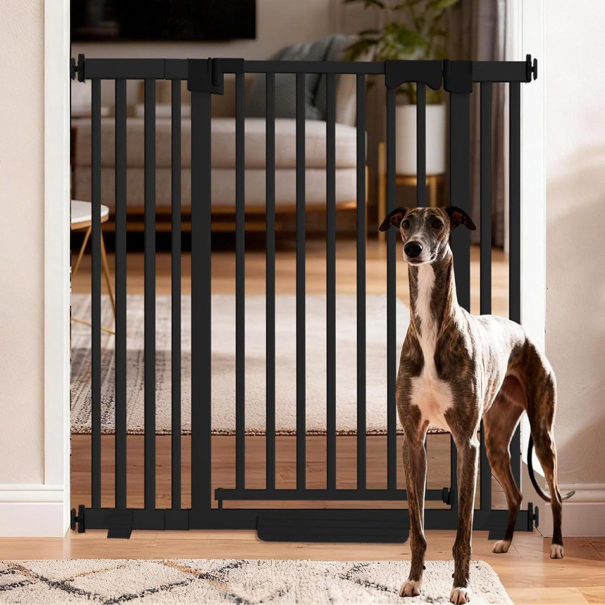 Black extra tall pressure mounted dog gate with walk-through door – view 4