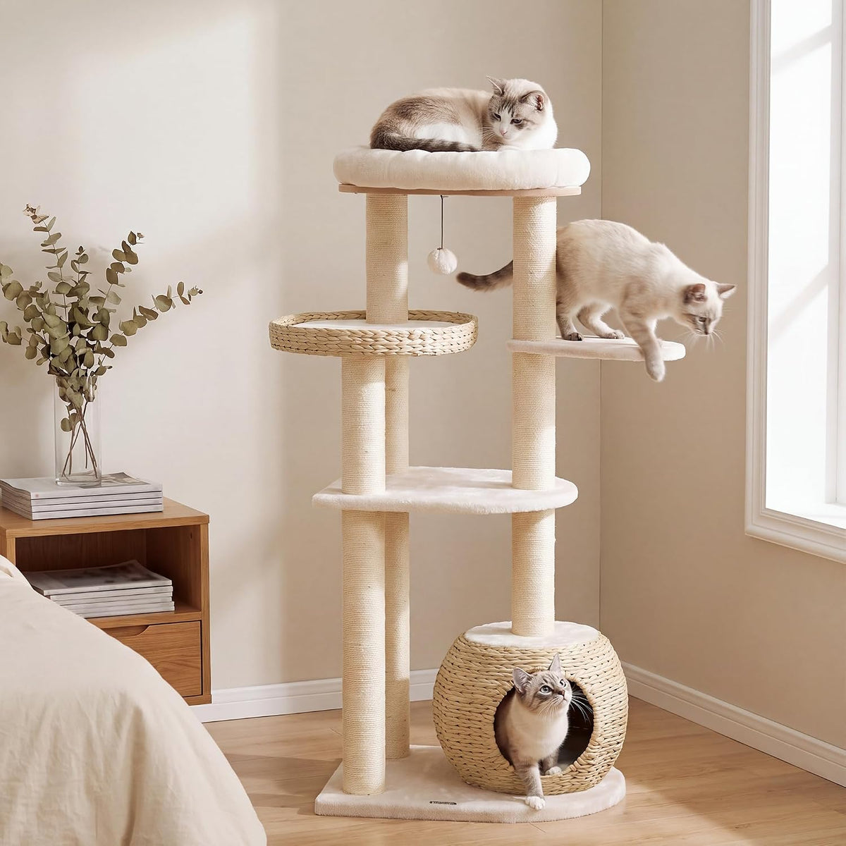 Tall modern wood cat tree with hammock, condo and cushions – view 6
