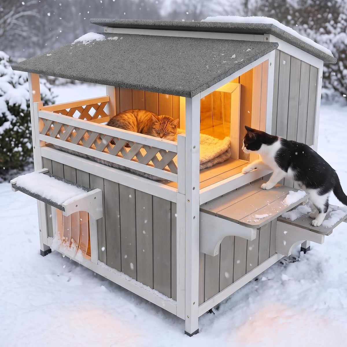 Two-story wooden outdoor cat house with asphalt roof and door curtain