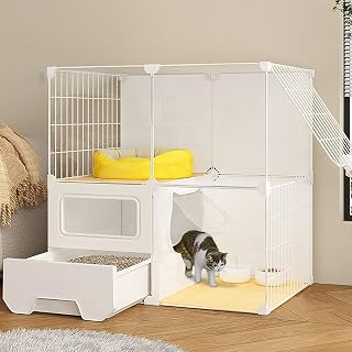 Large Indoor Cat Cage with Enclosed Litter Box and Ladder, Layered Design, 71 x 46 x 71 cm