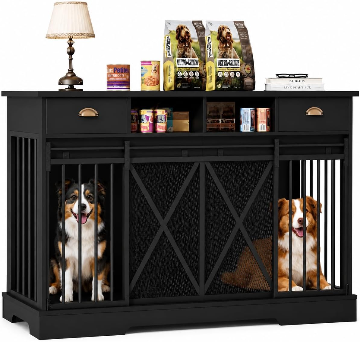 Black 63 inch dog crate TV stand with sliding doors and drawers