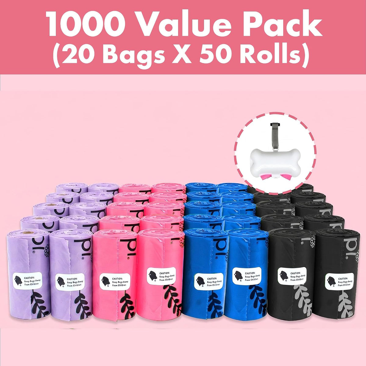 Rolls of multicolor dog poop bags with dispenser clipped to a leash