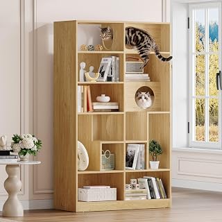 2-in-1 Wood Bookshelf and Cat House with Cat Tree Display Case and Hidden Litter Box, Natural