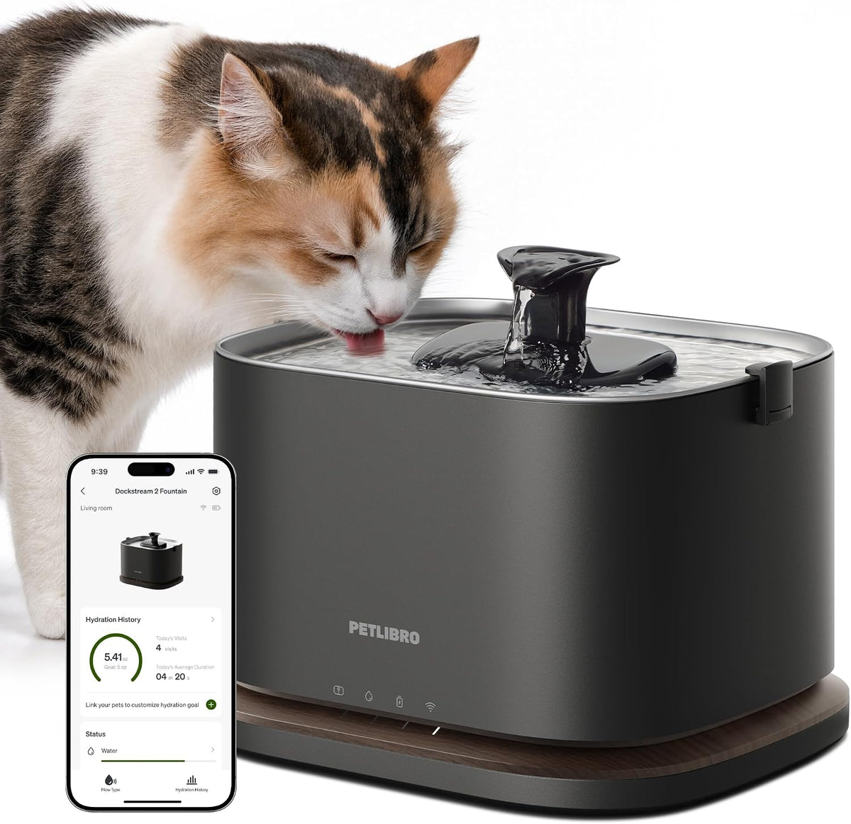 Cordless pet water fountain with stainless steel tray and splash shield – view 4