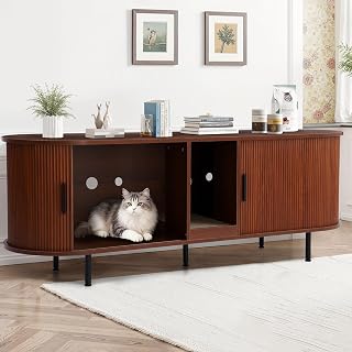 Hidden Cat Litter Box Cabinet with Scratch Pad and Ball, Wooden, Brown, 63 x 17.5 x 21.7 Inches