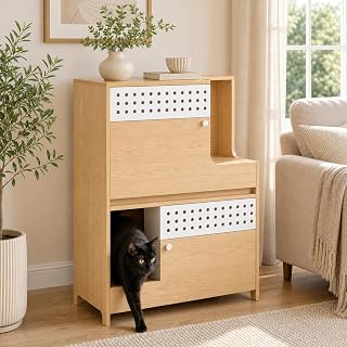 Cat Litter Box Enclosure Side Table, 2-in-1 Cat Furniture with Storage, Ventilated, Natural