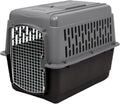 Dark gray and black plastic travel dog kennel with wire door