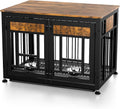 Dog crate end table with metal kennel and two feeder bowls