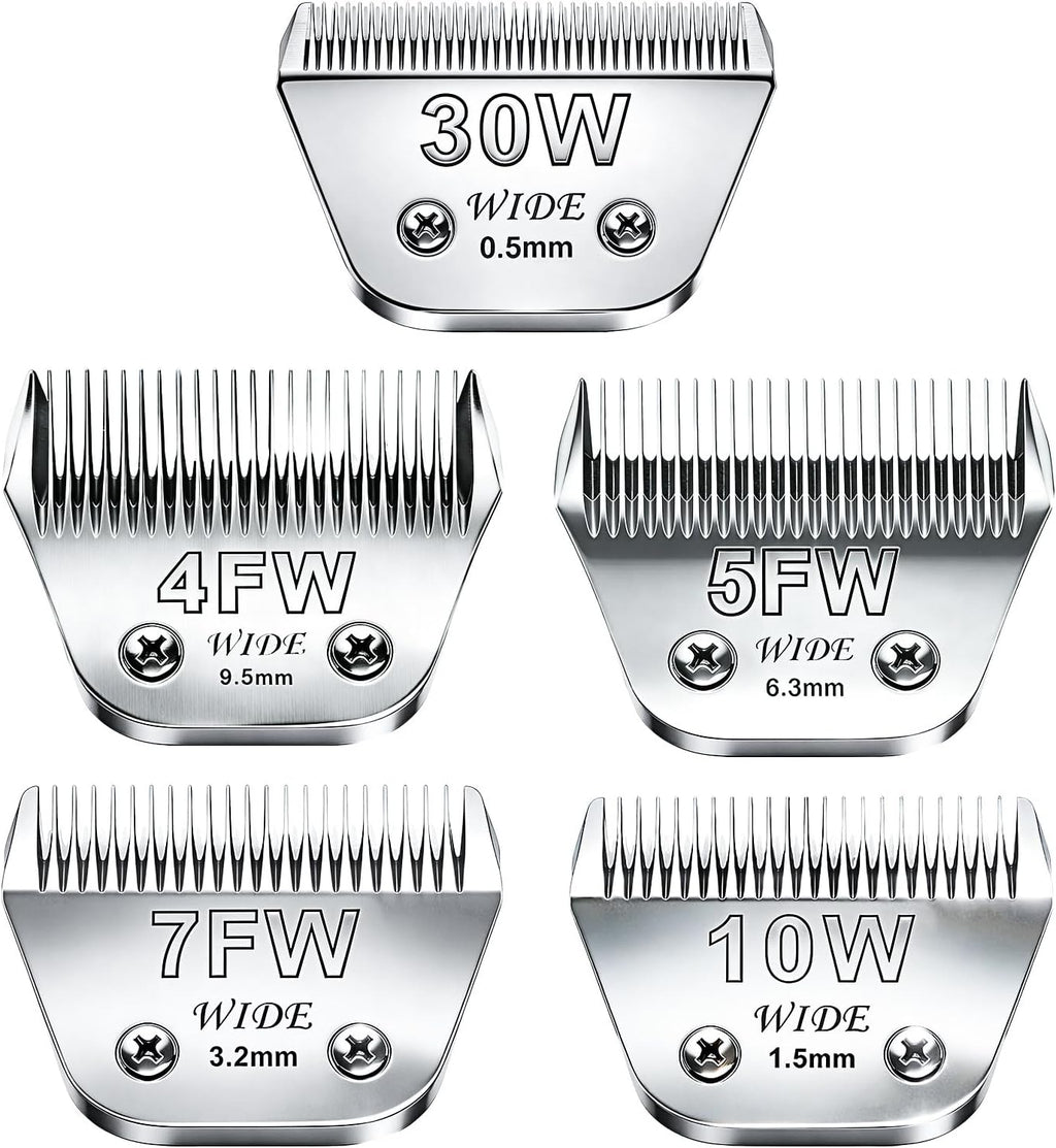 Set of five wide stainless steel dog clipper blades in different cutting lengths