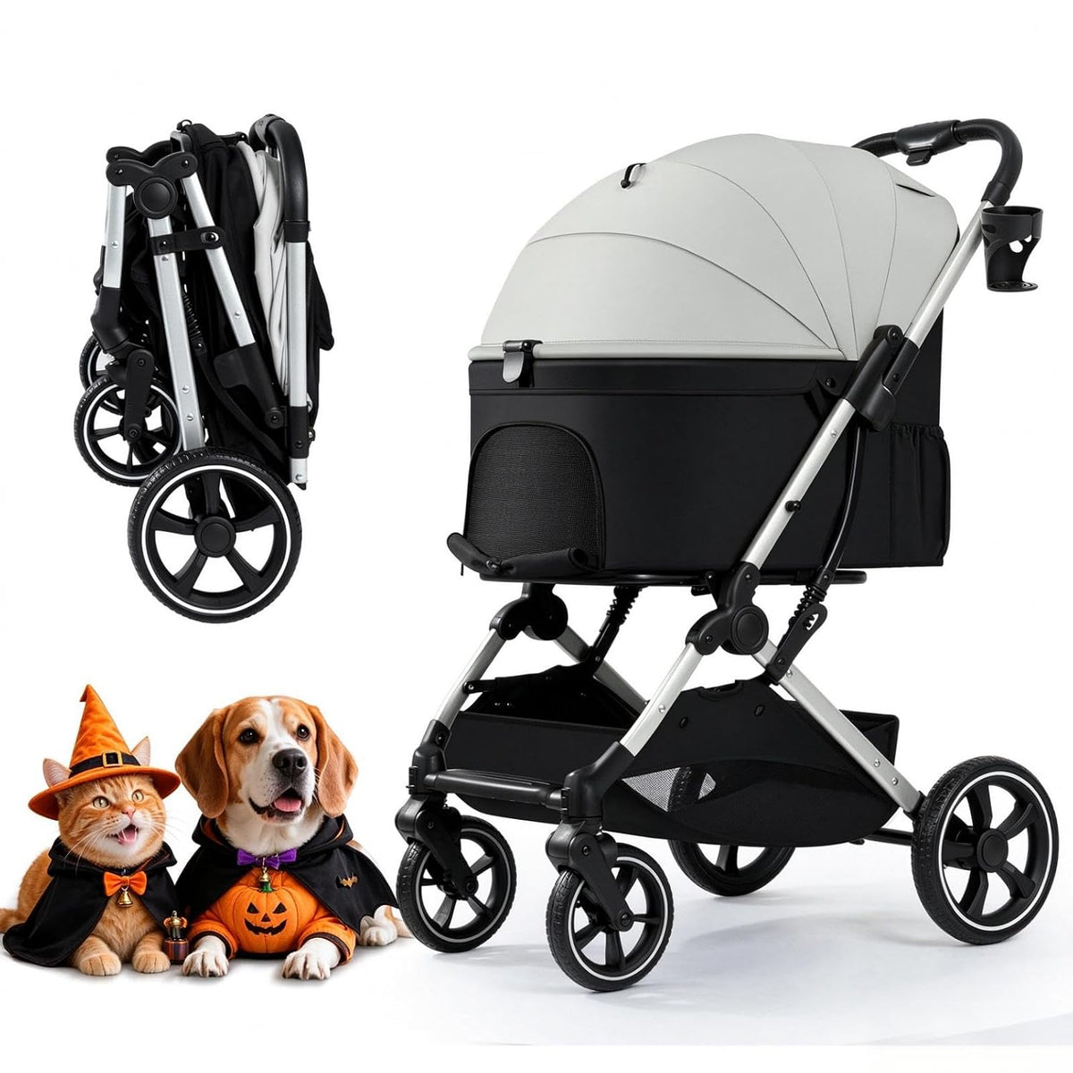 Green lightweight pet stroller with mesh canopy shown unfolded and folded – view 4
