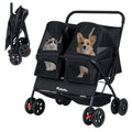 Black double pet stroller with two-seat carrier and sunshade