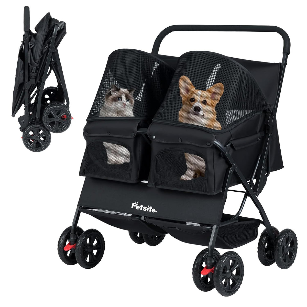 Black double pet stroller with two-seat carrier and sunshade