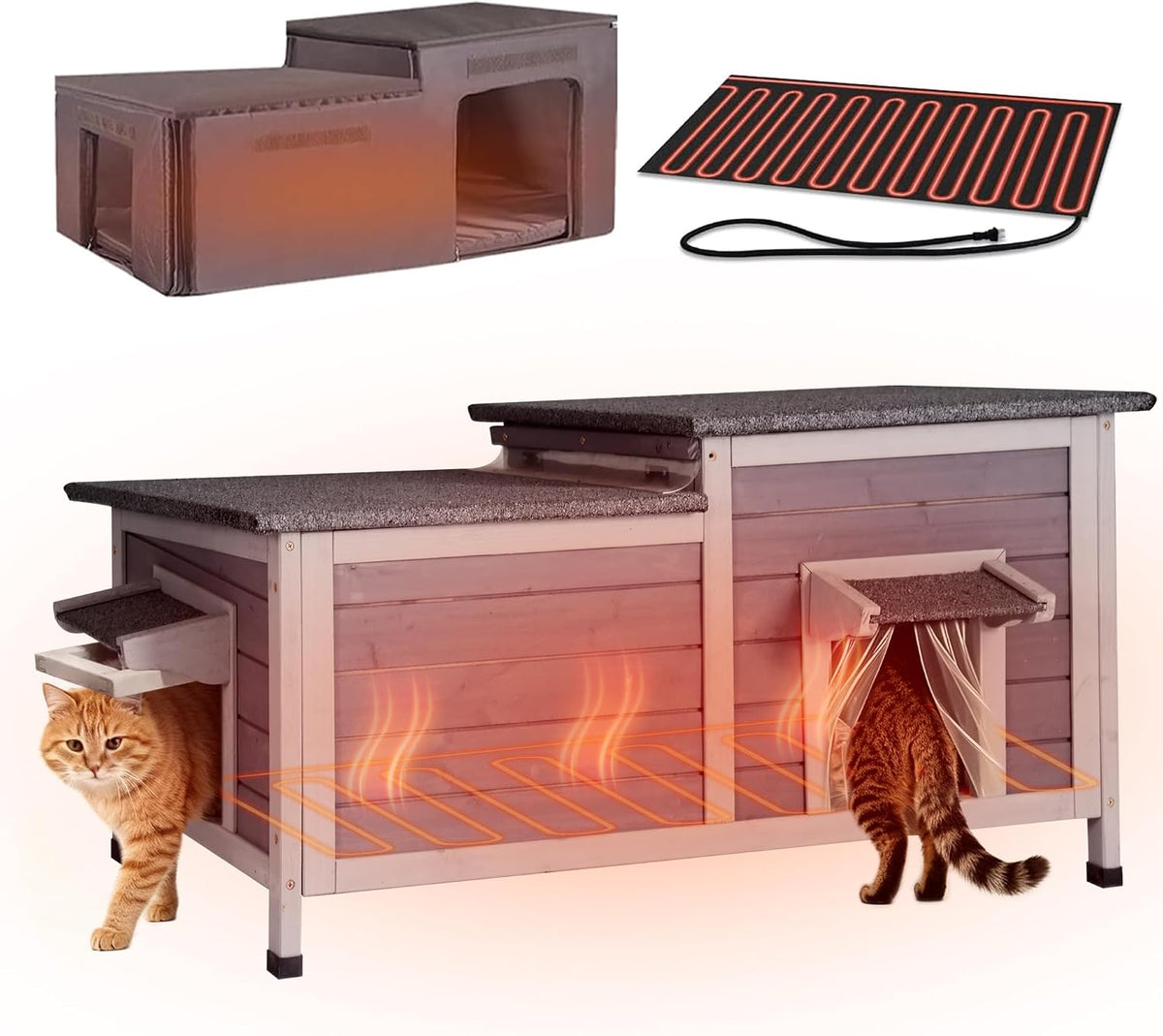 Weatherproof heated outdoor cat house with insulated liner and escape door