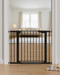 Two black auto close walk-through gates in a hallway