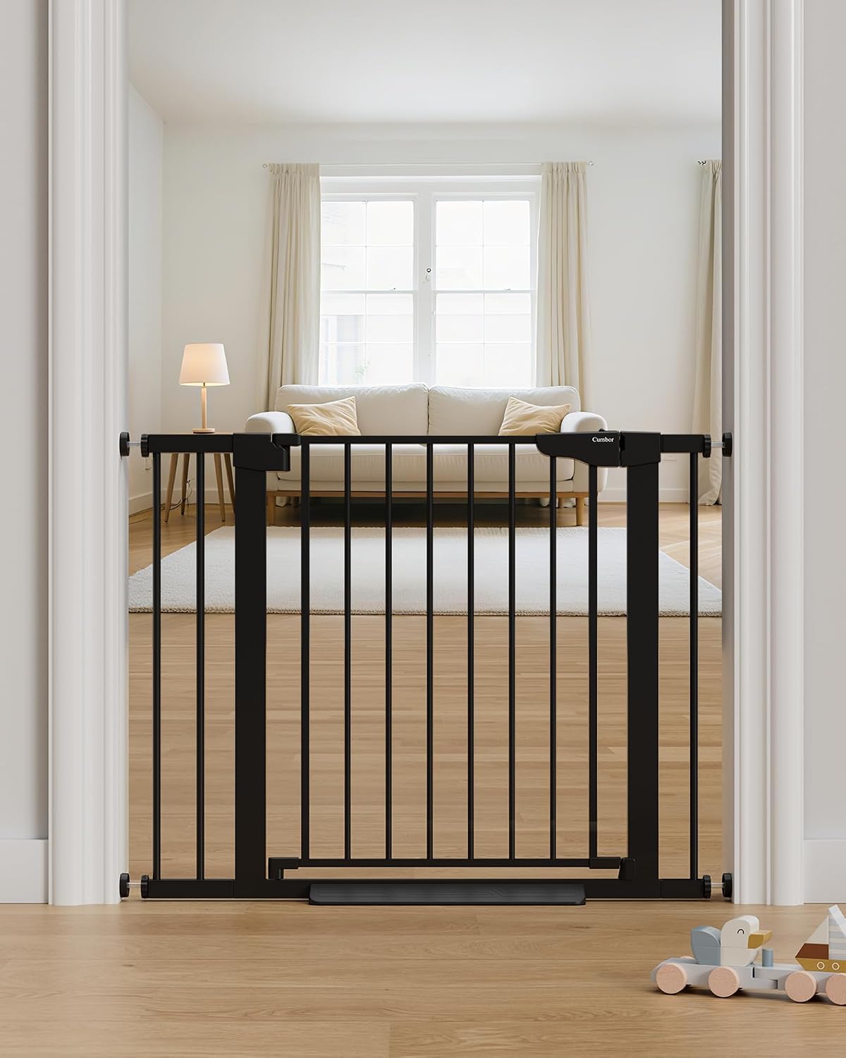 Two black auto close walk-through gates in a hallway