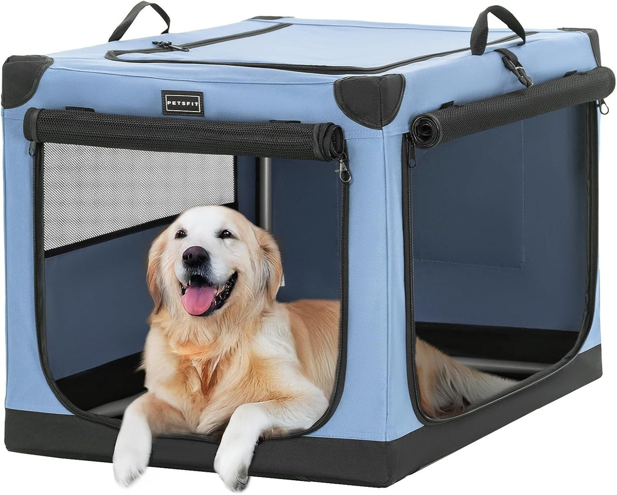 Blue soft collapsible dog crate with three mesh doors