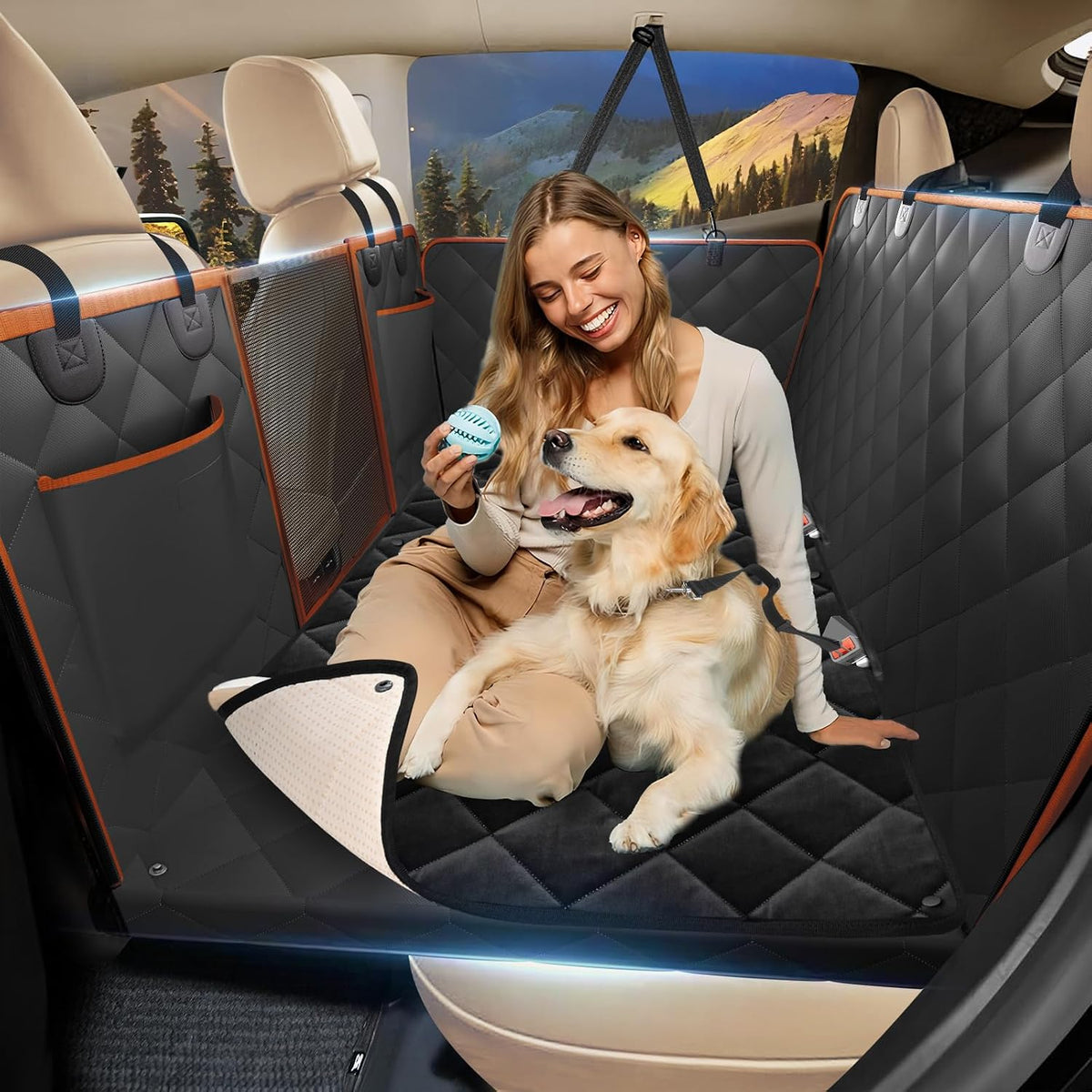Hard bottom dog back seat extender with mesh window in a car