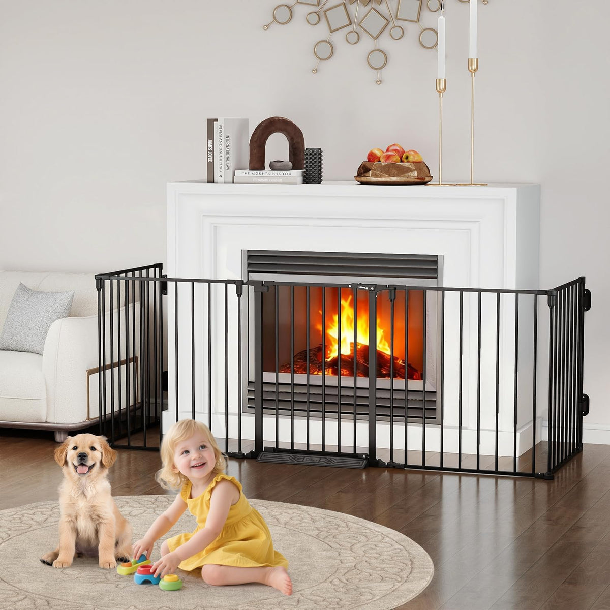 Black 5-panel metal gate configured around a fireplace