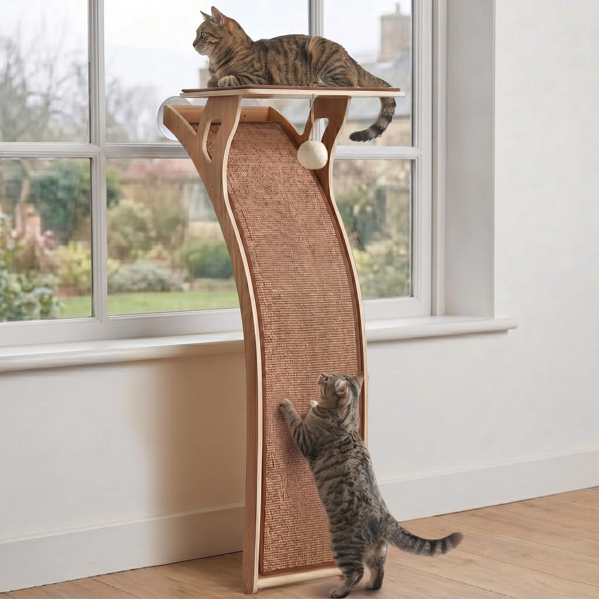 Floor standing cat window perch with curved scratching ramp by a window