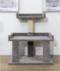 Large cat perch with gray cushioned platform on sisal-wrapped posts