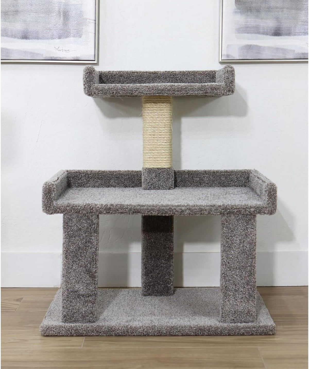 Large cat perch with gray cushioned platform on sisal-wrapped posts