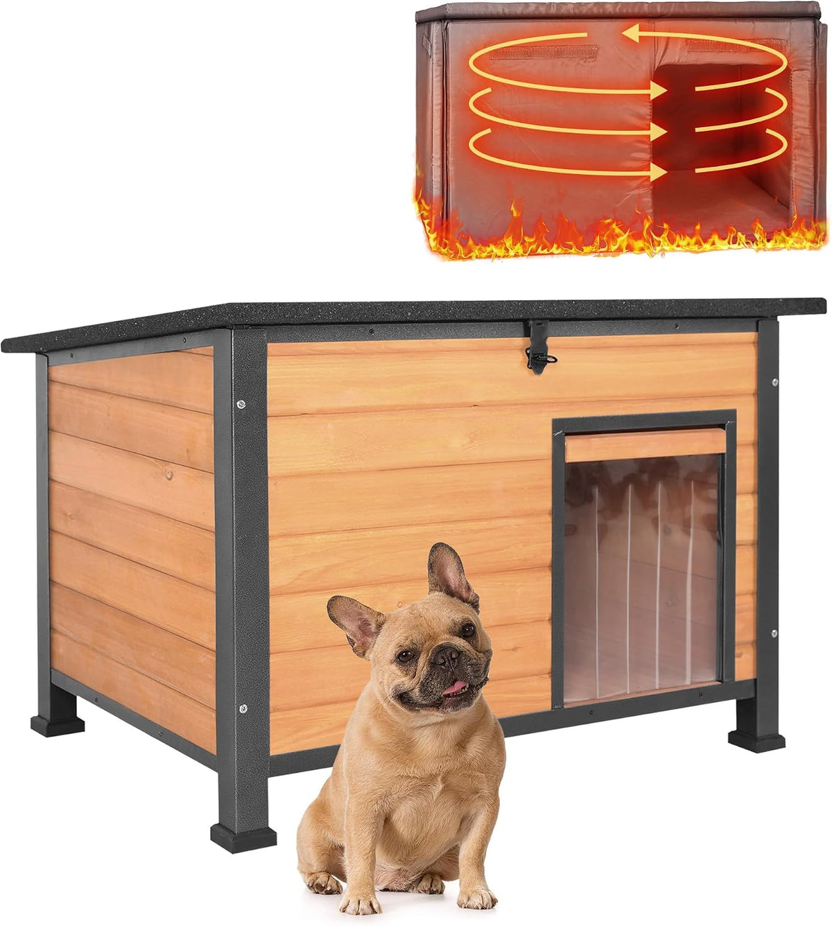 Brown insulated wooden dog house with PVC door flap