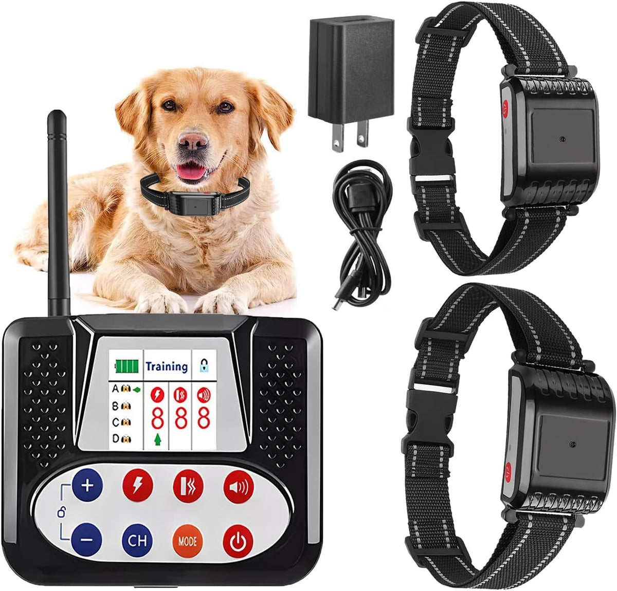 Wireless dog fence transmitter with remote and four waterproof receiver collars – view 2