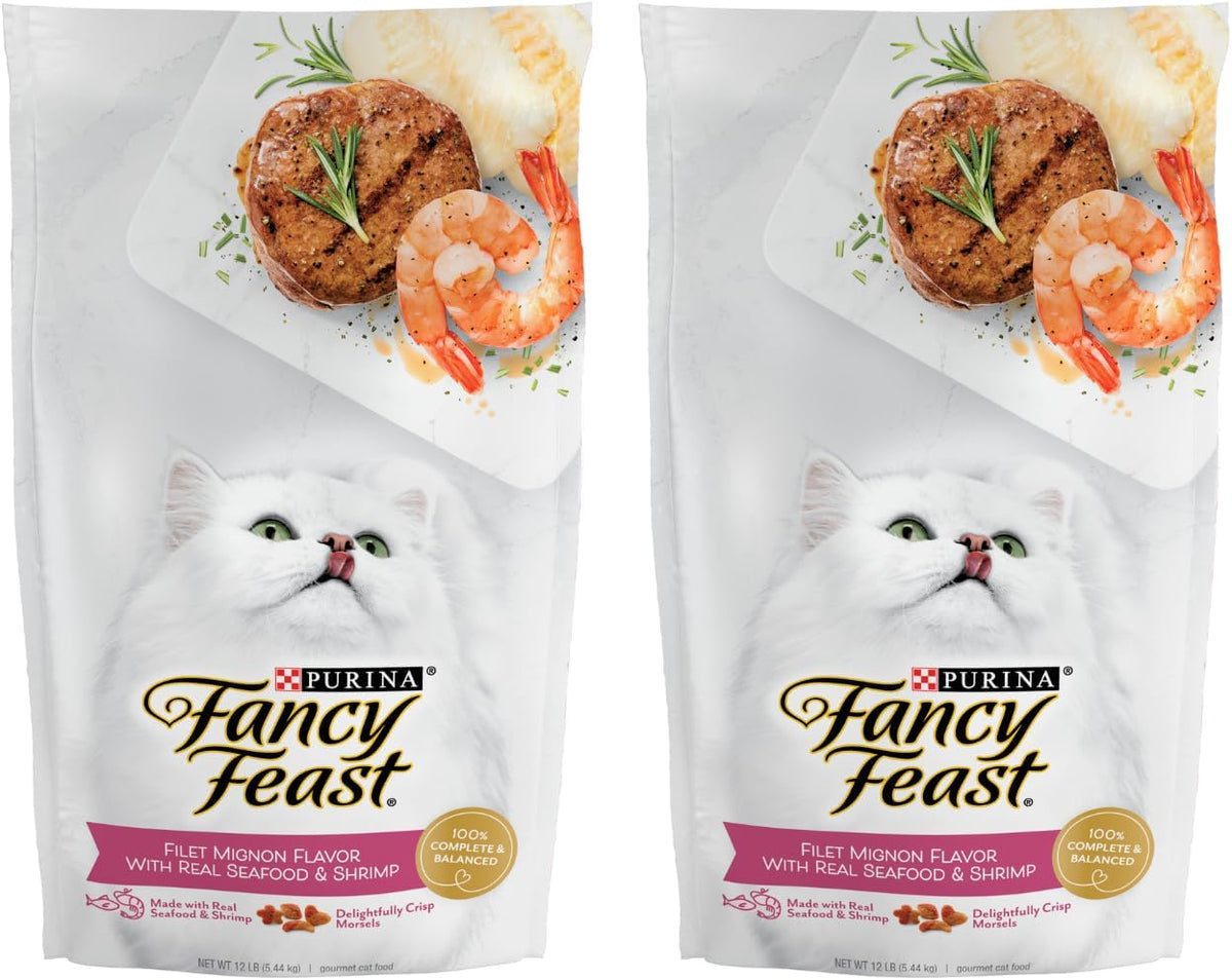 Two bags of filet mignon flavor dry cat food with seafood and shrimp