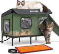 Insulated heated outdoor cat house with canopy and two exits