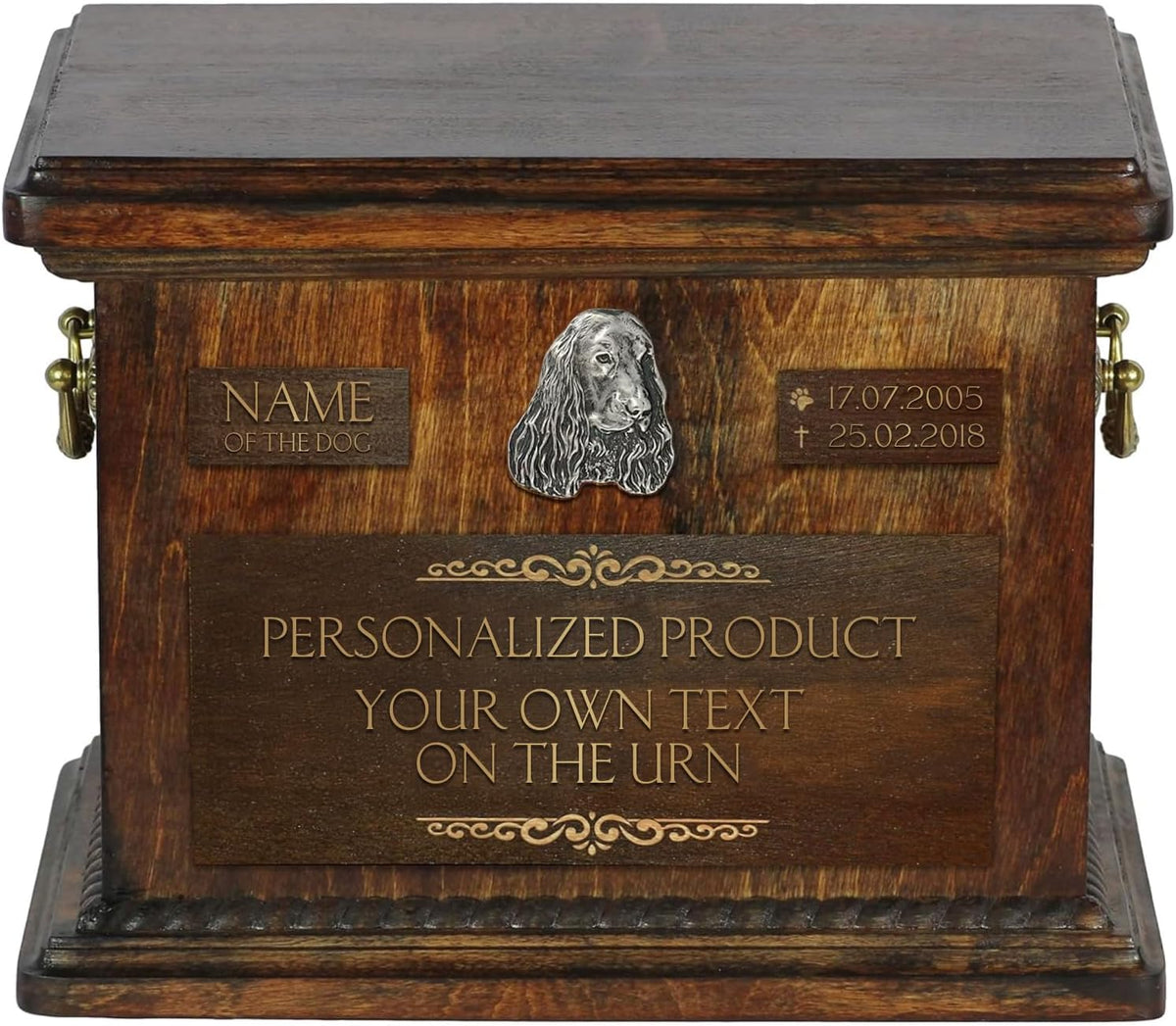 Cold cast bronze dog statuette on a birch memorial urn with engraved plate