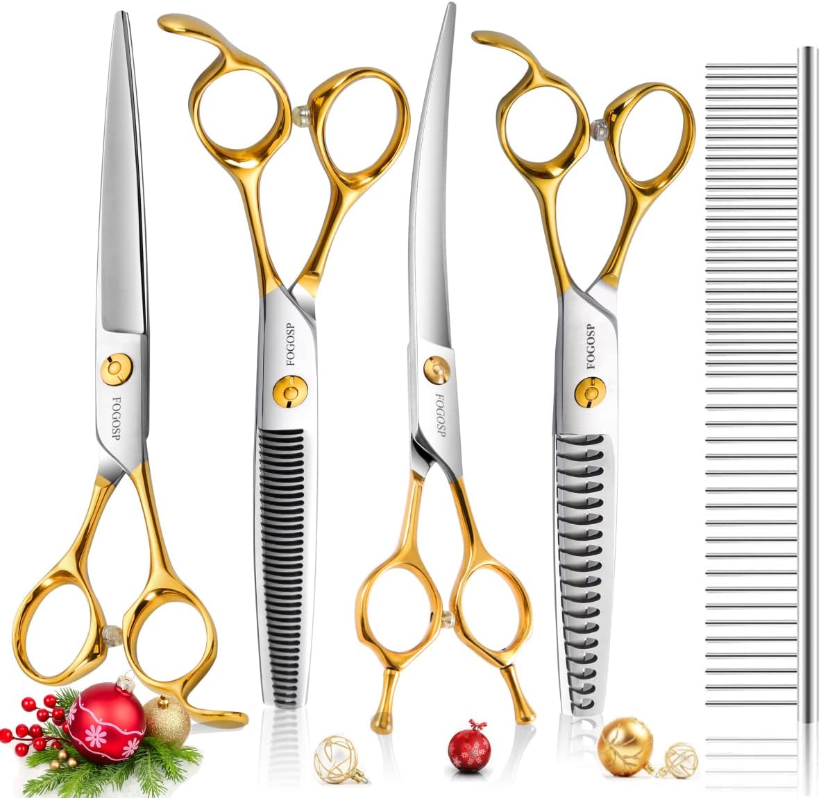 Gold 7.5 inch pet grooming scissors kit with curved, straight, blender and chunker shears – view 4