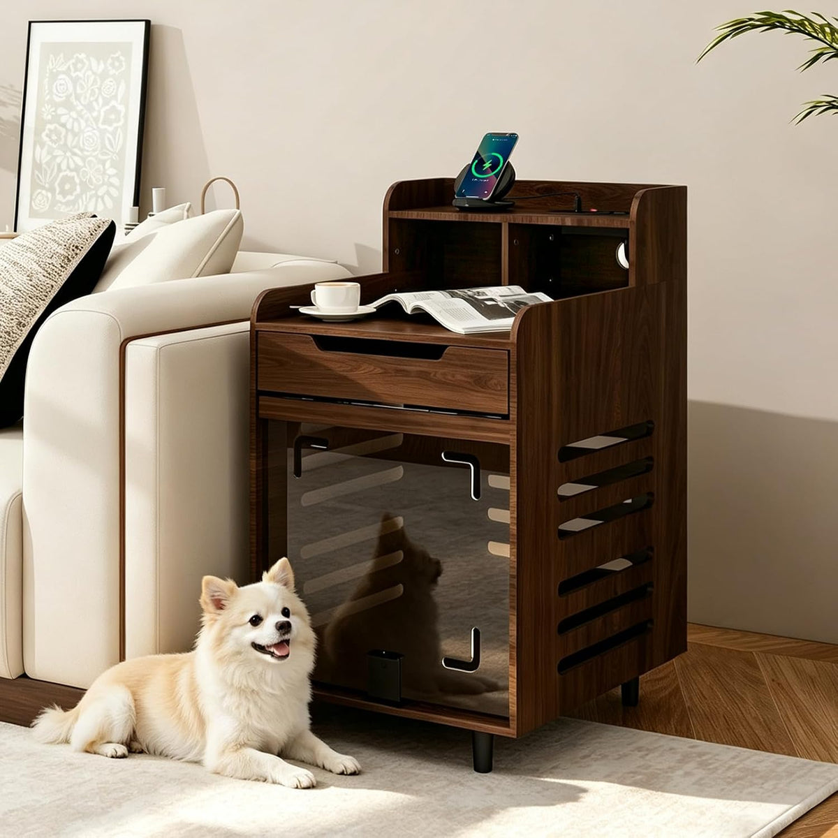 Dog crate furniture with flip-up acrylic door and charging station