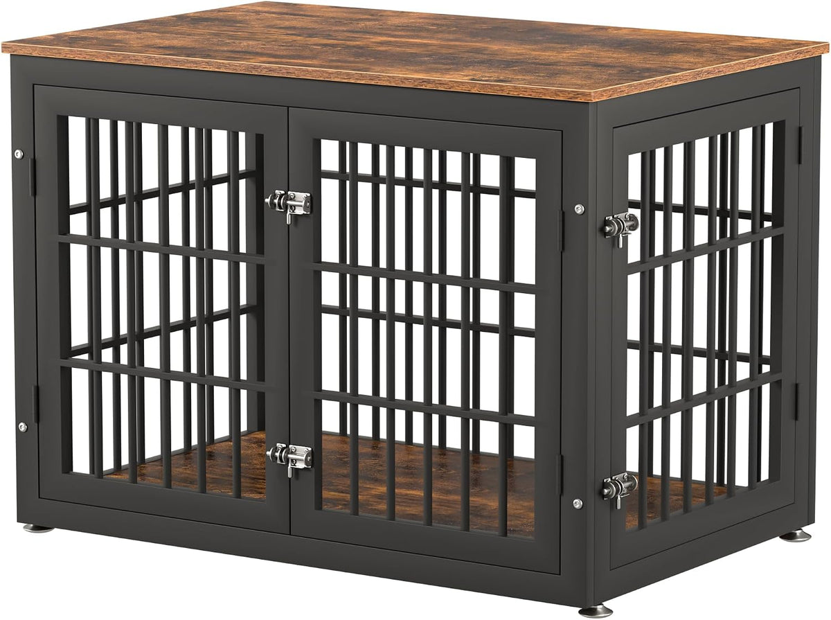 Rustic brown wood and steel dog crate furniture end table