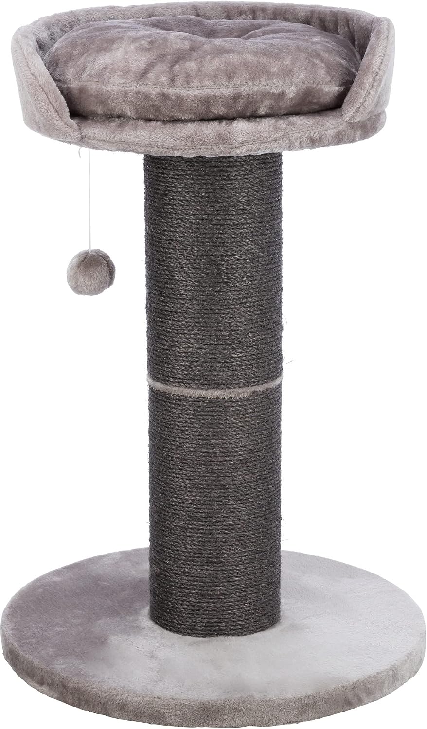 Gray sisal rope cat scratching post with platform bed and dangling toy