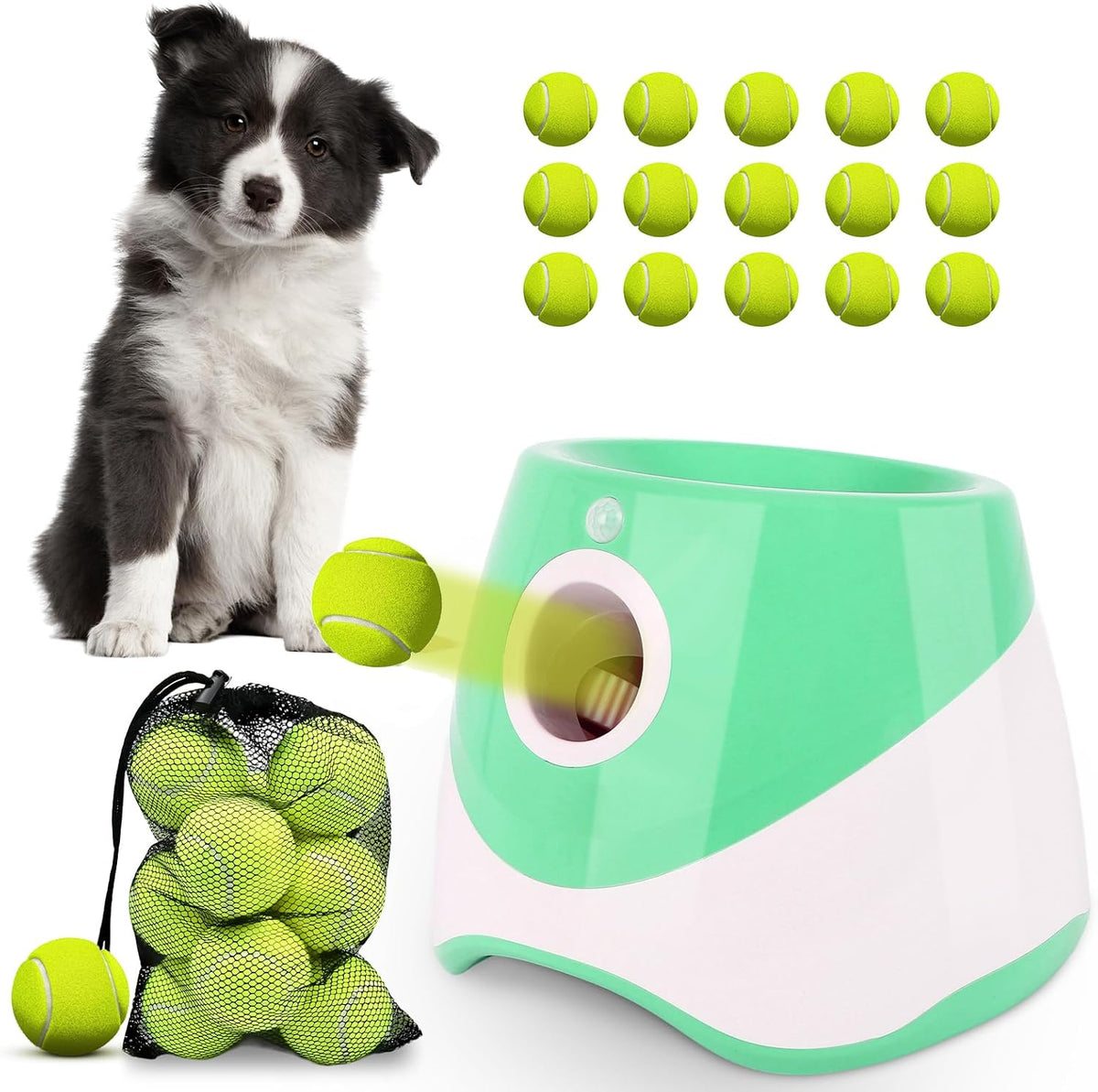 Automatic dog ball launcher with remote and tennis-size balls on a lawn – view 2