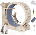 Wooden cat exercise wheel with sisal scratch pad, shelf and teaser rods