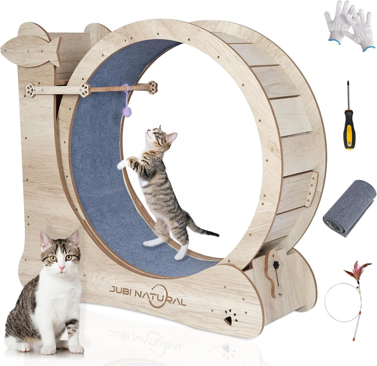 Wooden cat exercise wheel with sisal scratch pad, shelf and teaser rods