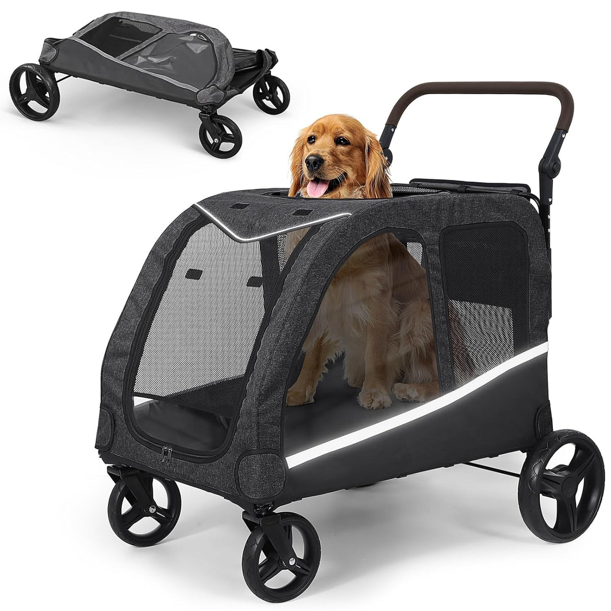 Green foldable pet stroller with detachable carrier – view 6