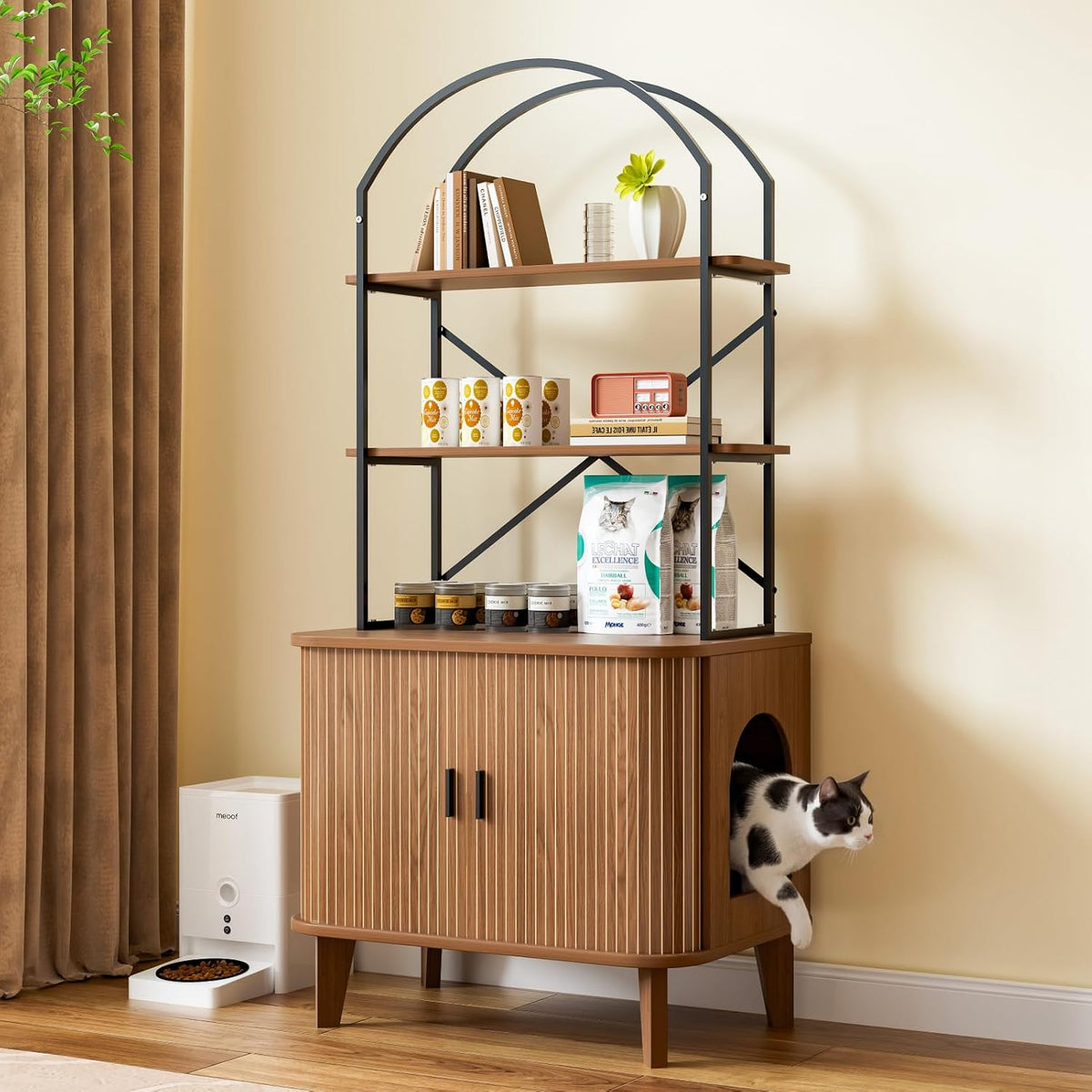 Walnut wooden litter box enclosure cabinet with sliding tambour door and shelves