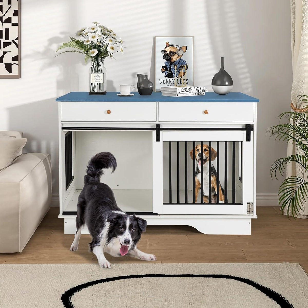 Wooden farmhouse double dog crate furniture with barn door and drawers