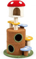 59-Inch Mushroom Cat Tree Tower for Indoor Cats with 2 Cave Condos, Sisal Posts and 4 Plush Platforms, Forest Green and Brown