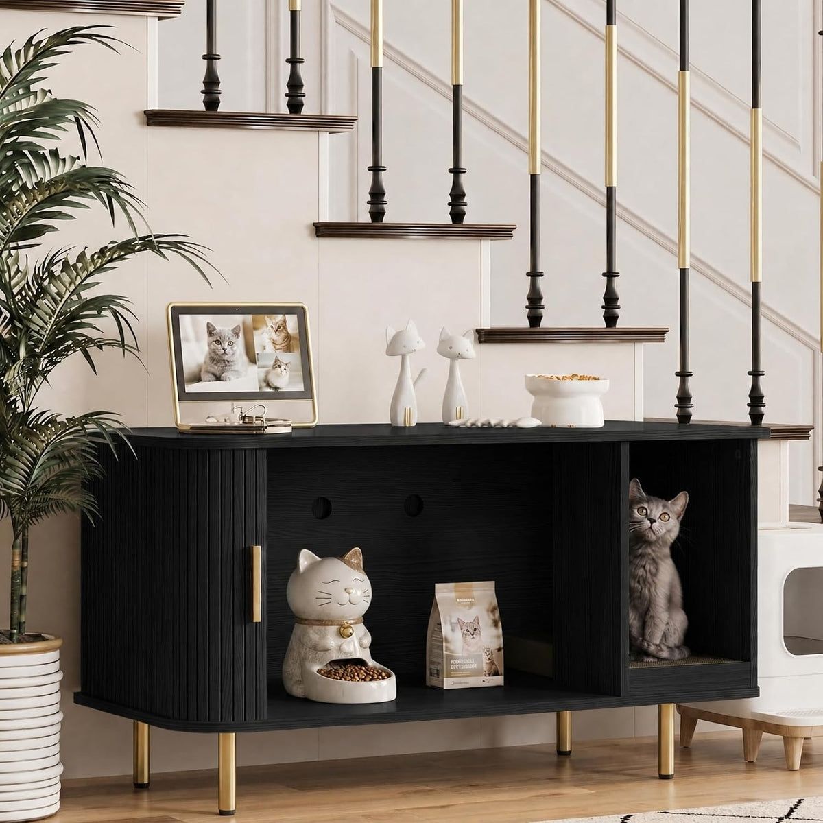 Wide wooden double litter box cabinet with fluted sliding doors – view 4